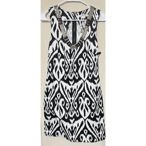 New Boston Proper Dress Women's S White Black Ikat Beaded Sleeveless